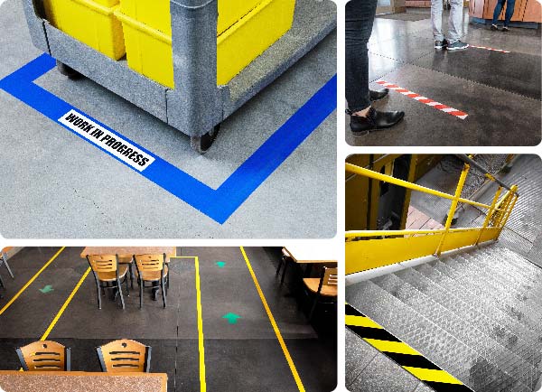 En fotomontasje med ToughStripe Vinyl gulvtape.