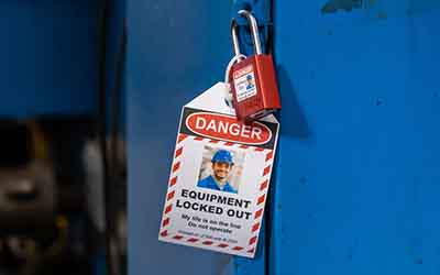 En hengelås med en advarselstag.