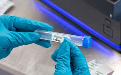 En kjemiker setter en etikett på et hetteglass.