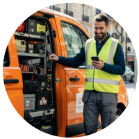 Montør som ser på telefonen med varebil i bakgrunnen