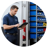 Montør med varebil som åpnes i bakgrunnen